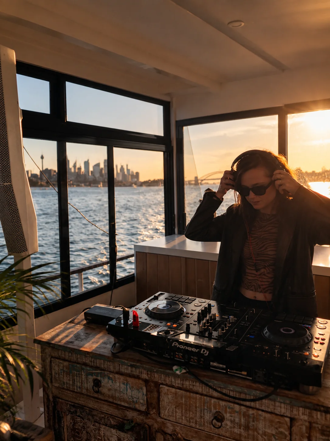 Mira Mira DJ performing at a sunset waterfront event